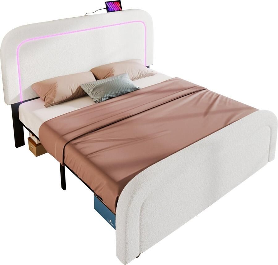 Merax Gestoffeerd Bed 140x200 cm met USB-C Oplaadfunctie LED Verlichting Houten Lattenbodem Verstelbaar Hoofdbord en Inclusief Matras Sherpa Wit