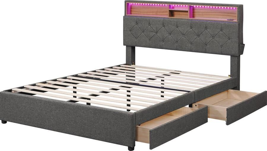 Merax Gestoffeerd Tweepersoonsbed met Opbergruimte 140x200 cm Luxe Bed met USB-Aansluiting en LED-verlichting Functioneel Bed met Twee Laden en Verstelbare Hoofdeinde Grijs