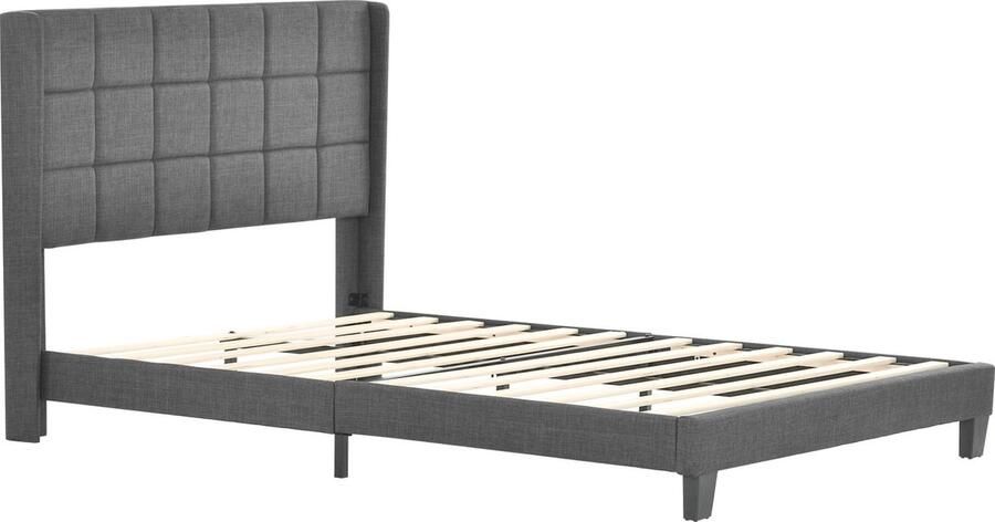 Merax Gestoffeerd Bed 140x200 cm met Verstelbaar Hoofdbord en Federkernmatras Grijs Linnen met Lattenbodem en Zwarte Poten