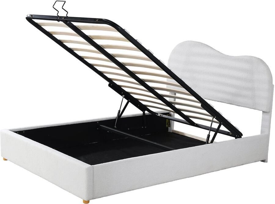 Merax Gestoffeerd Bed 140x200 cm met Verstelbaar Hoofdbord – Hydraulisch Bed met Opbergruimte Fluweel Metalen Frame – Wit