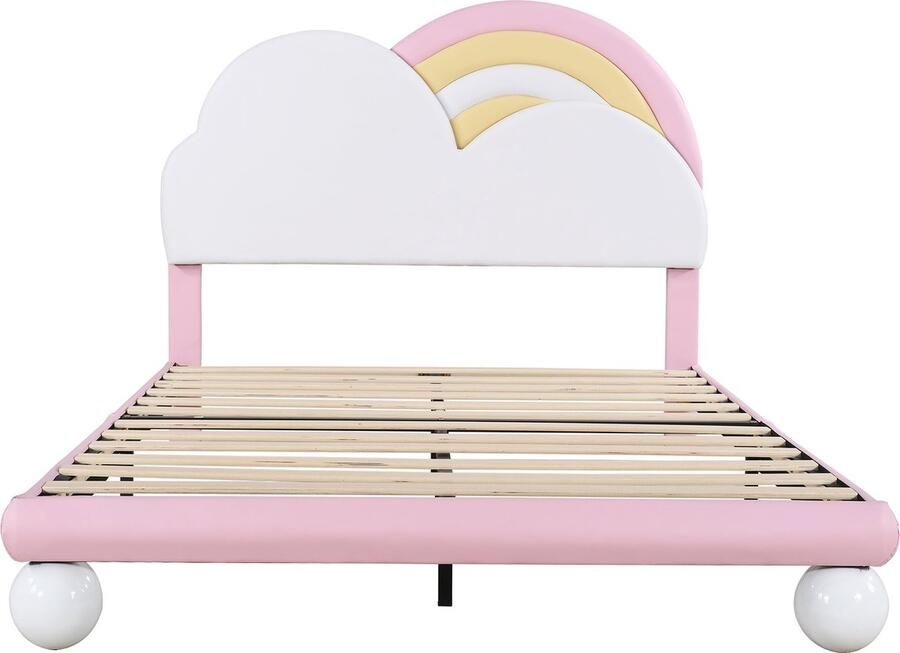 Merax Gestoffeerd Bed 140x200 cm met Verstelbaar Hoofdbord Inclusief Lattenbodem Roze PU Leren Jeugd- en Logeerbed Eenvoudige Montage