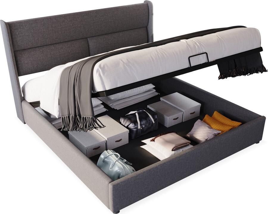 Merax Gestoffeerd Bed 140x200 cm met Verstelbare Hoofdbord en Opbergruimte Slaapbank met Hydraulische Lattenbodem en Stijlvol Ontwerp Grijs