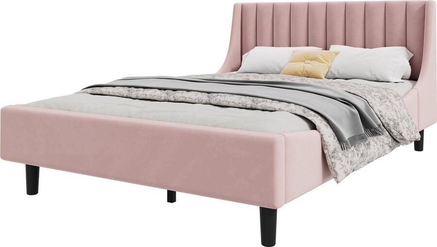 Merax Gestoffeerd Bed 140x200 cm – Minimalistisch Bed van Fluweel met Lattenbodem Roze (Zonder Matras) - Foto 2