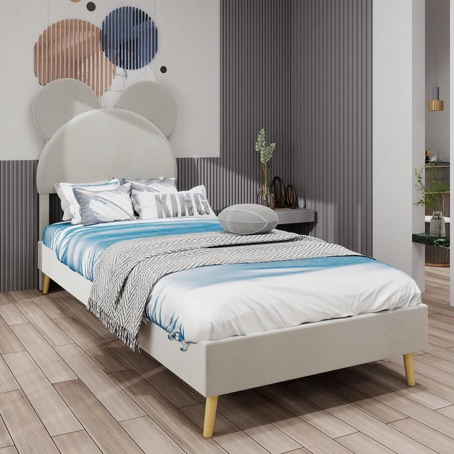 Merax Gestoffeerd Bed 140x200 cm – Modern Minimalistisch Kinderbed met Cartoon Hoofdbord – Beige – Inclusief Lattenbodem – Zonder Matras