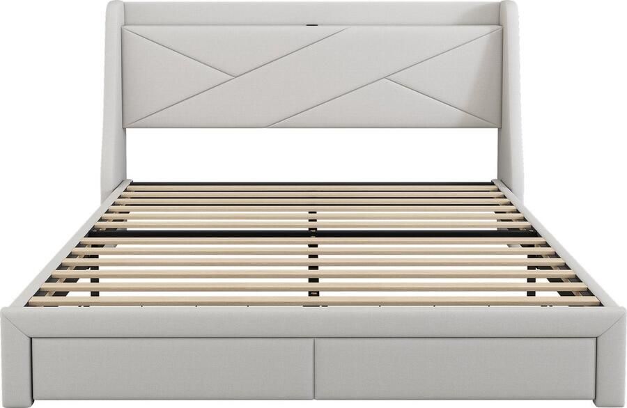 Merax Gestoffeerd Tweepersoonsbed 140x200 cm met Opbergruimte en USB Aansluiting Luxe Bed met Praktisch Hoofdbord Inclusief Ingebouwd Opbergvak Beige - Foto 2