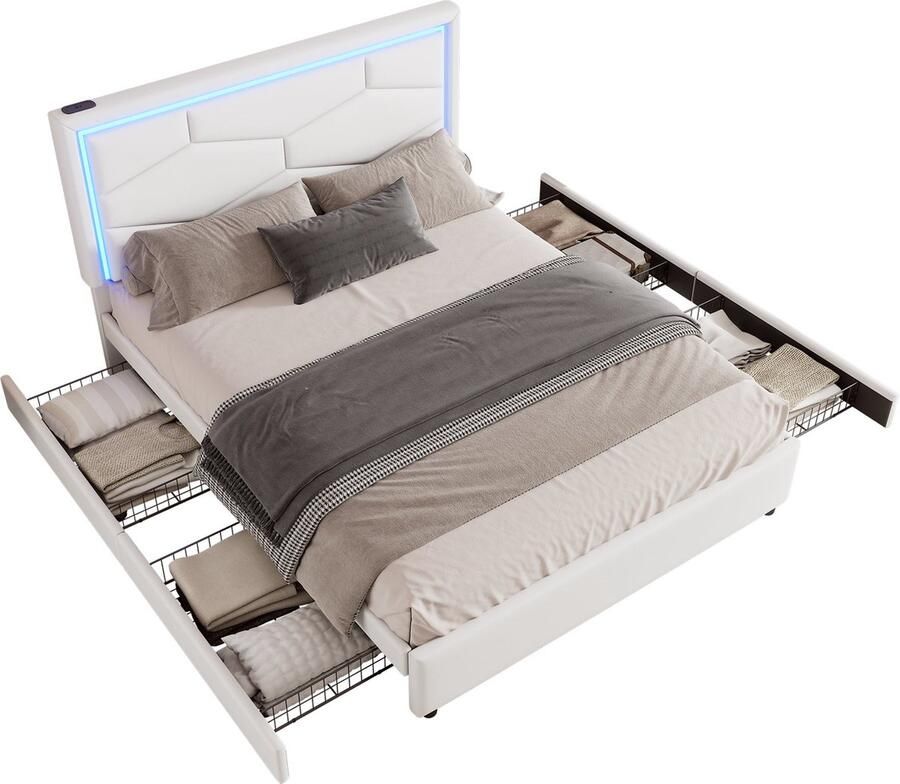 Merax Gestoffeerd Bed 140x200 cm – PU Bed met Lattenbodem LED-verlichting 4 Schuifladen USB-C en Verstelbaar Hoofdbord Minimalistisch Design Wit