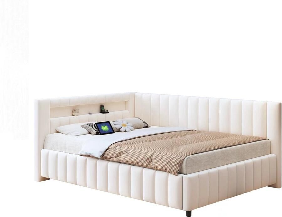 Merax Gestoffeerd Bed 140x200 cm – Slaapbank met Fluwelen Stof LED Verlichting & USB-poort – Met Hoofdbord en Rugleuning – Beige
