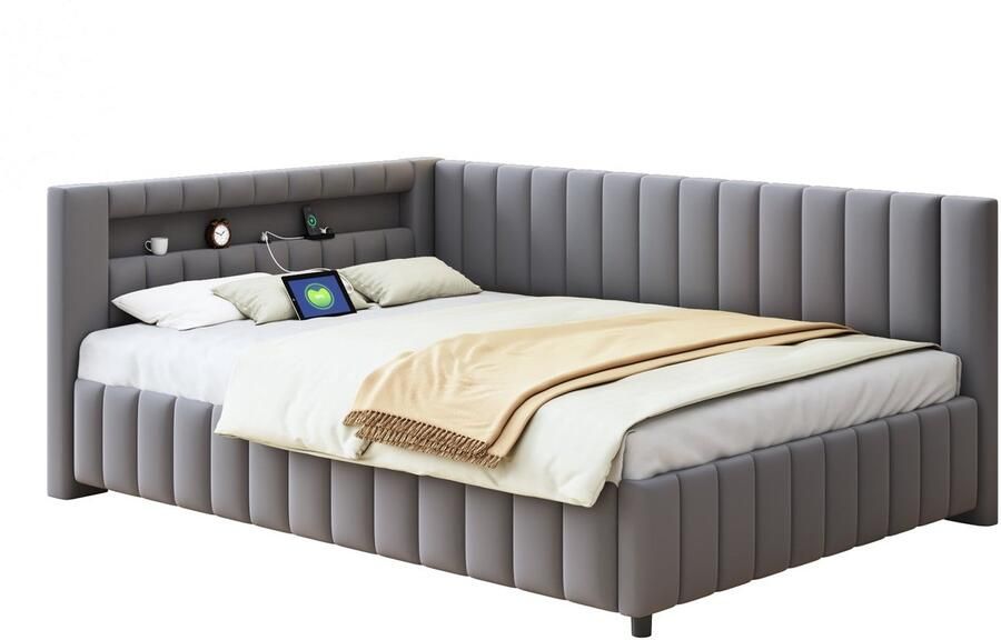 Merax Gestoffeerd Bed 140x200 cm – Slaapbank met Luxe Fluweel LED Verlichting en USB-aansluiting – Met Hoofdbord en Rugleuning – Grijs