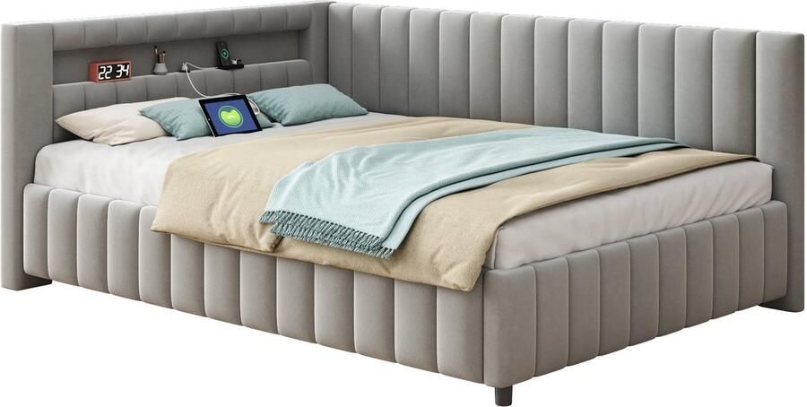 Merax Gestoffeerd Bed 140x200 cm – Slaapbank met Luxe Fluwelen Stof LED Verlichting & USB-Aansluiting – Met Hoofdbord en Rugleuning – Grijs
