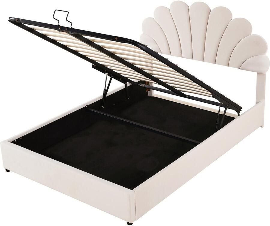 Merax Gestoffeerd Bed 140x200 cm Tweepersoonsbed met Bloemvormig Hoofdbord en Hydraulische Opbergruimte - Foto 2