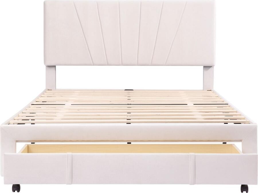 Merax Gestoffeerd Bed 140x200 cm Tweepersoonsbed met Lade Fluwelen Dubbelbed met Opbergruimte Beige