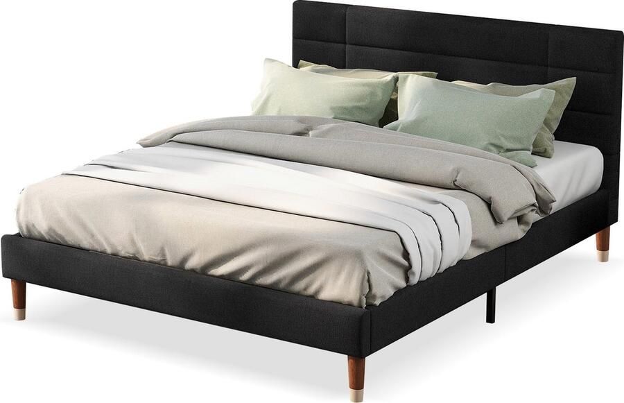 Merax Polsterbett Doppelbett mit Lattenrost 140x200cm gepolsteres Bettgestell mit Kopfteil in Schwarz Leinen für Erwachsene&Jugendliche (Matratze nicht enthalten) - Foto 2