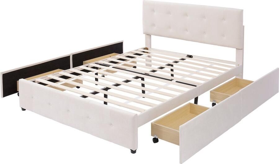 Merax Gestoffeerd Bed 140x200 cm – Tweepersoonsbed met Lattenbodem Rugleuning en Grote Opberglade – Fluwelen Bekleding Beige