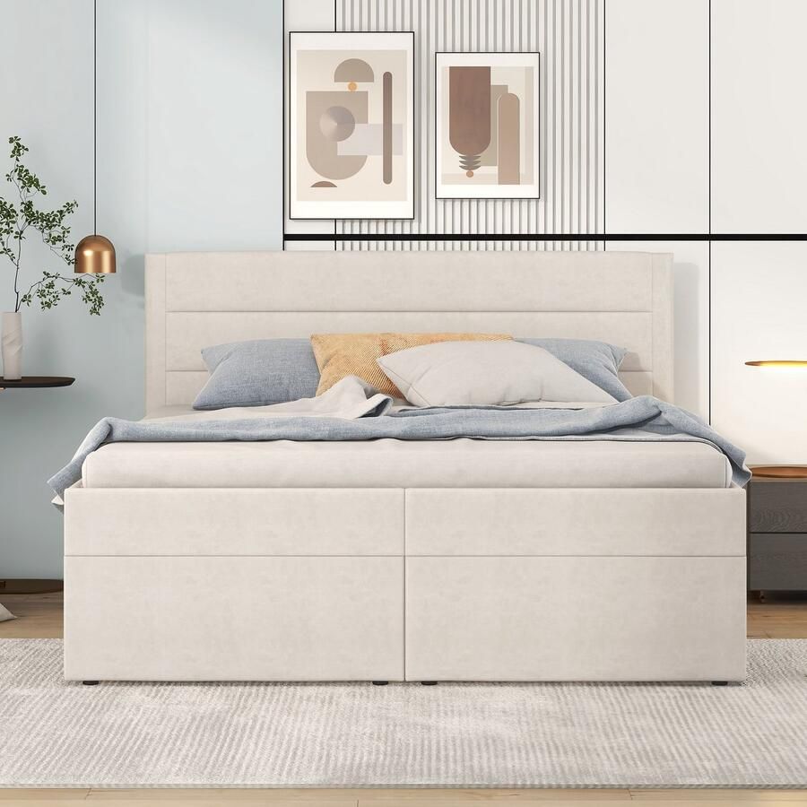 Merax Gestoffeerd bed 140x200 cm tweepersoonsbed met metalen frame met opbergruimte aan beide kanten te openen beige zonder matras