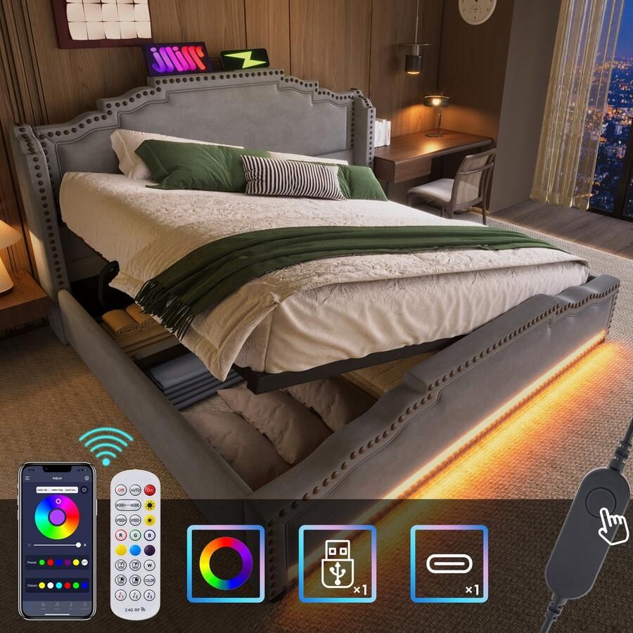 Merax Gestoffeerd bed 140x200 cm tweepersoonsbed met opbergruimte LED-verlichting en USB-C oplaadpoort jeugdbed grijs geen matras