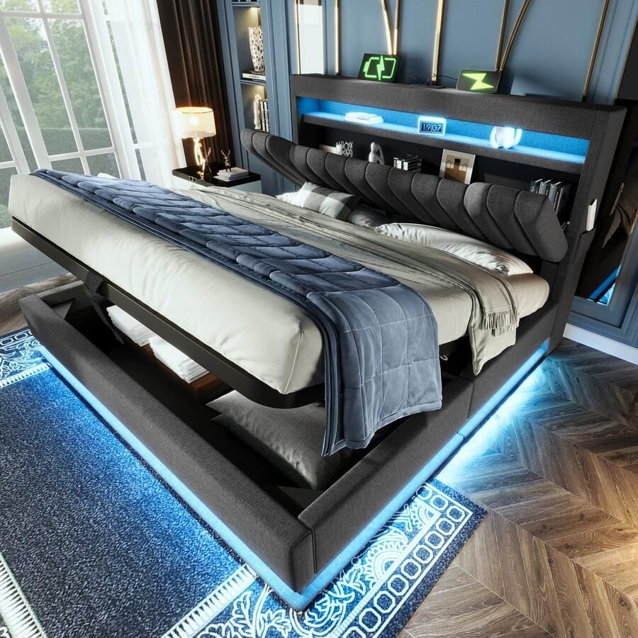 Merax Gestoffeerd bed 140x200 cm Tweepersoonsbed opberghoofdeinde met USB- en Type-C-poorten LED-verlichting met opbergruimte grijs zonder matras