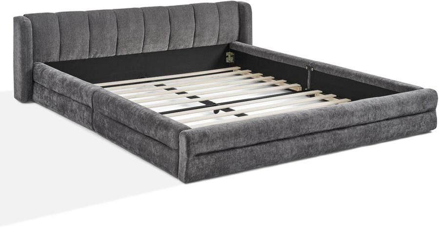 Merax Gestoffeerd Bed 140x200 cm van Chenille met Comfortabel Hoofdbord en Stevig Eucalyptus- en Stalen Frame Donkergrijs (Zonder Matras)
