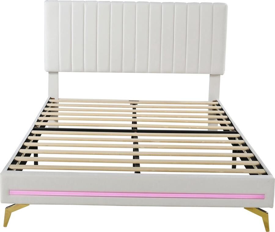 Merax Gestoffeerd Bed 140x200 cm Wit Fluwelen Bed met LED-Verlichting en Verstelbaar Hoofdbord Inclusief Lattenbodem Tweepersoonsbed voor Volwassenen en Tieners (Zonder Matras)