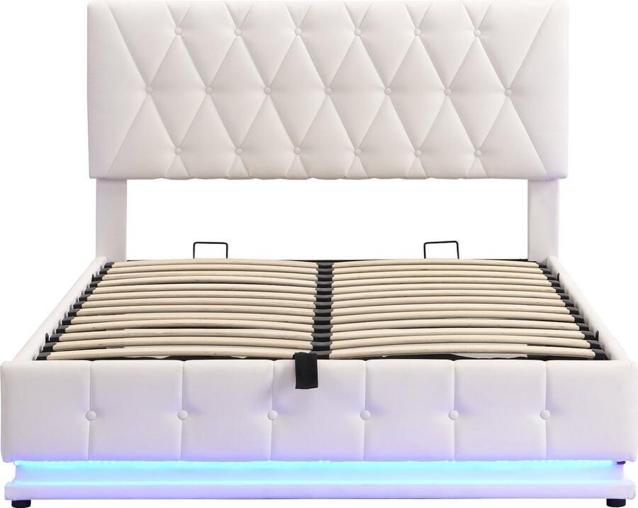 Merax Polsterbed 140x200 cm met LED-verlichting en Hydraulische Opbergruimte – Dubbelbed met Lattenbodem en Kunstlederen Bekleding Voor Volwassenen en Jongeren Wit