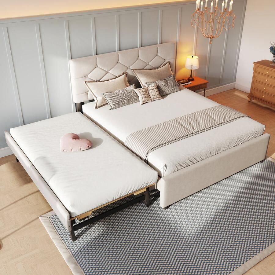 Merax Gestoffeerd bed 140x200 cm zonder matras Bed met rolcontainer fluweel beige