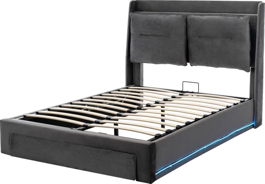 Merax Gestoffeerd Bed 140x200 Donkergrijs Hydraulisch Opbergbed met LED-Verlichting 2-in-1 Lades Inclusief Lattenbodem Fluweel