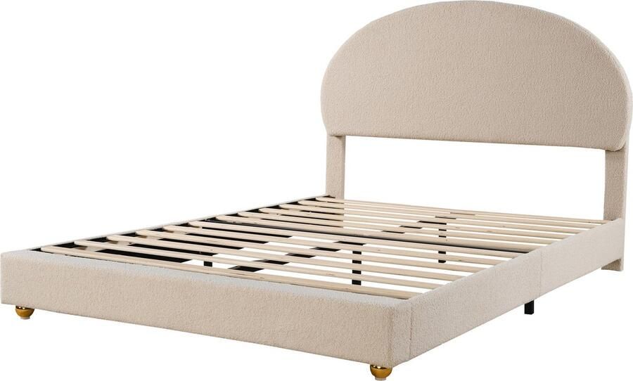 Merax Gestoffeerd Bed 140x200 – Fluwelen Stof – Inclusief Lattenbodem – Elegant Design met Verstelbaar Hoofdbord – Beige