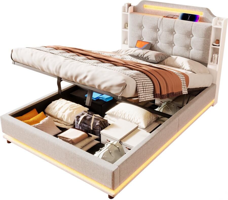 Merax Gestoffeerd Bed 140x200 – Hydraulisch Opbergruimte Bed – LED Verlichting – USB en Type-C Oplaadfunctie – Linnen – Beige – Zonder Matras