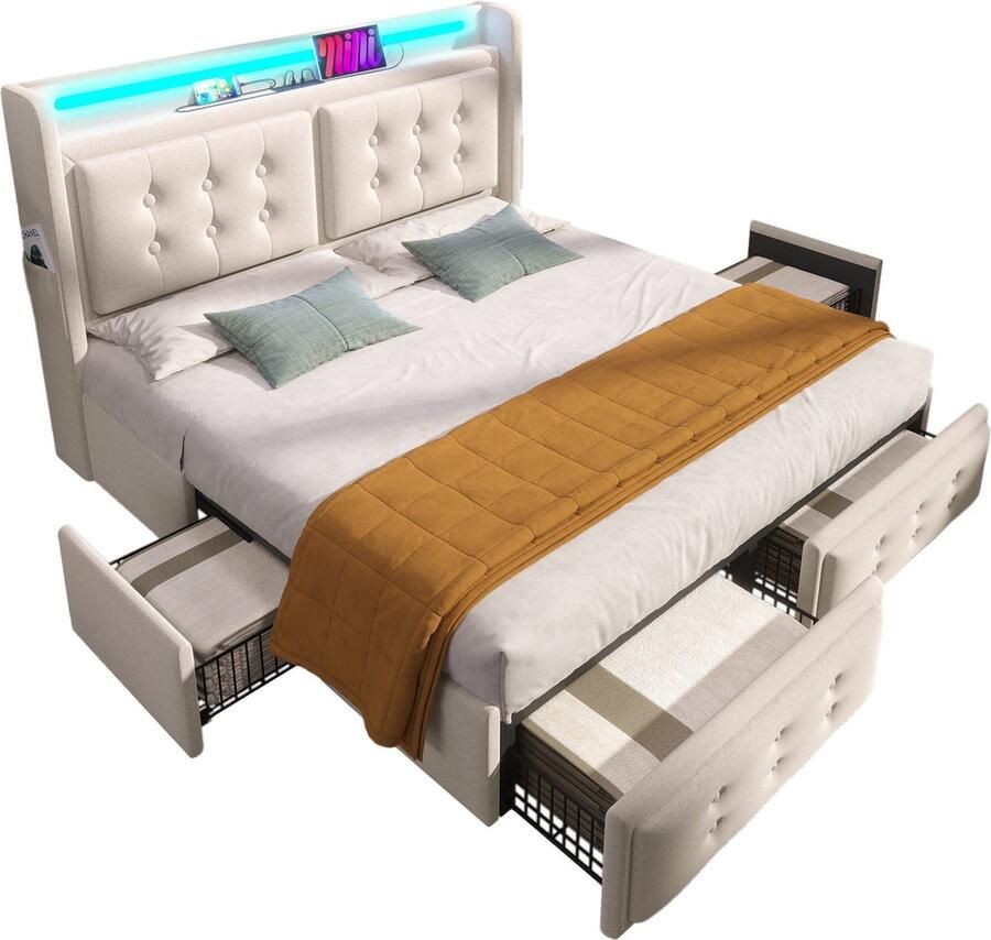 Merax Gestoffeerd Bed 160x200 cm Tweepersoonsbed met LED-hoofdbord USB-C laadfunctie en 4 opberglades Inclusief Matras