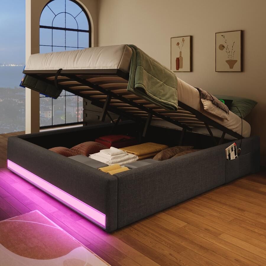 Merax Gestoffeerd bed 140x200cm afstandsbediening LED lichtstrip met USB en Type-C met kleine opbergtas geen matras grijs