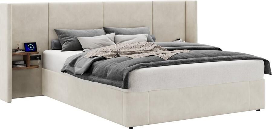Merax Gestoffeerd Bed 160 x 200 cm Hydraulisch Opbergbed met USB-aansluiting Stopcontacten en Twee Nachtkastjes Houten Lattenbodem Beige Fluweel