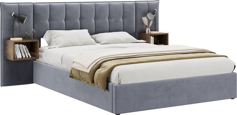 Merax Gestoffeerd Bed 160 x 200 cm met 2 Nachtkastjes en Lampen Hydraulisch Bed met Opbergruimte Lattenbodem Grijs en Bruin Eenvoudige Montage