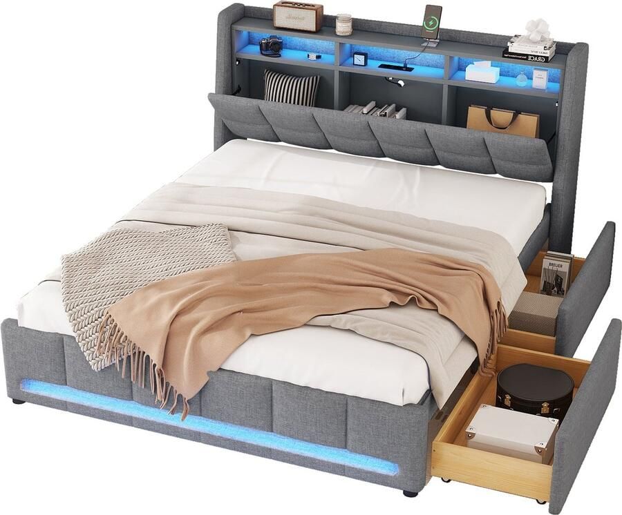 Merax Gestoffeerd Bed 140x200 cm met LED-Omgevingsverlichting USB-oplaadpoort Schuiven en Opbergruimte Grijs Linnen (zonder matras)
