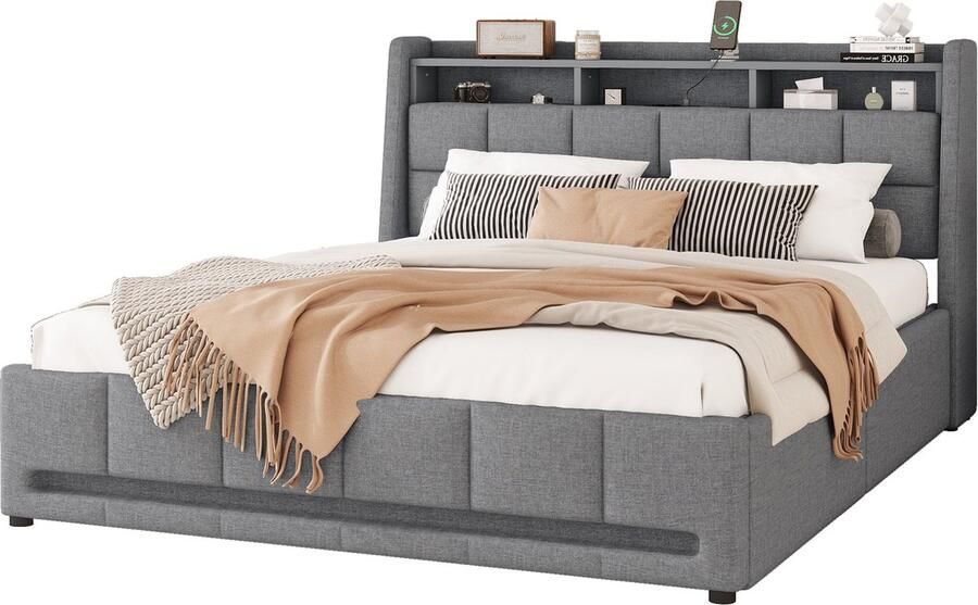 Merax Gestoffeerd Bed 140x200 cm met LED-Omgevingsverlichting USB-oplaadpoort Schuiven en Opbergruimte Grijs Linnen (zonder matras) - Foto 2
