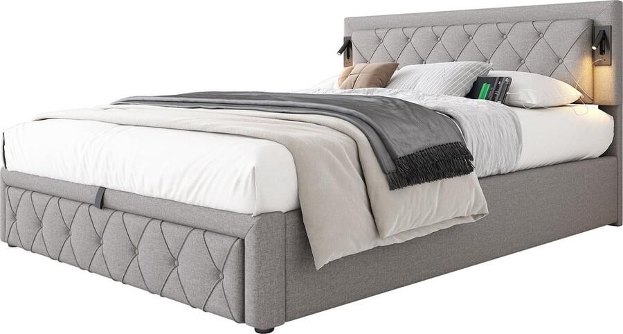 Merax Gestoffeerd Bed 160x200 cm met Downlights – Grijs Linnen – Tweepersoonsbed met USB-aansluiting en Hydraulische Opbergruimte – Verlicht Hoofdbord - Foto 2