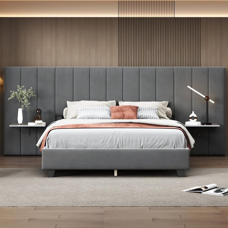 Merax Gestoffeerd bed 160 x 200 cm met een verlengd hoofdbord en rugleuning met opbergplank aan het hoofdeinde grijs zonder matras