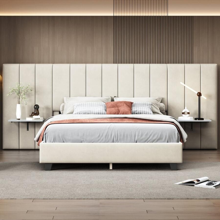 Merax Gestoffeerd bed 160 x 200 cm met een verlengd hoofdbord en rugleuning met opbergplank aan het hoofdeinde Beige zonder matras