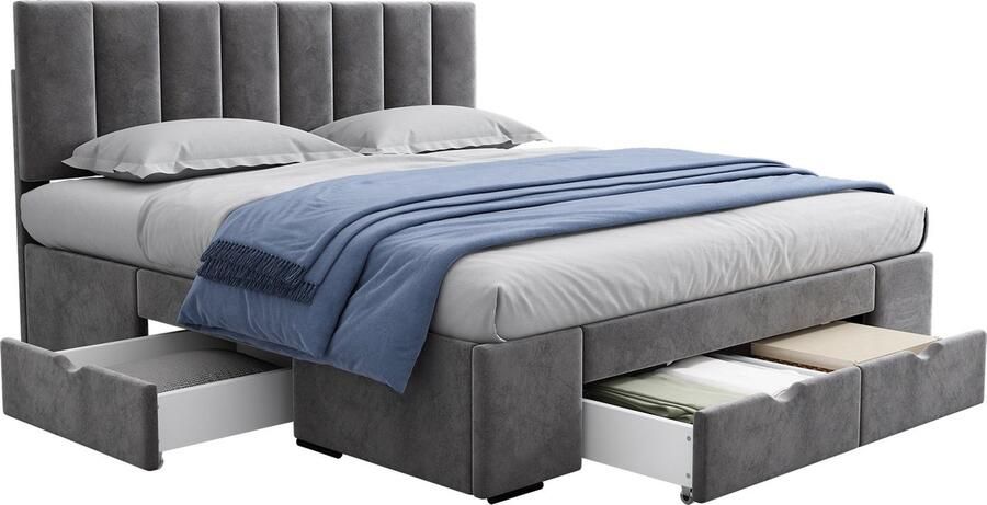 Merax Gestoffeerd Bed 160 x 200 cm Fluweel Met Lattenbodem Hoofdbord en 4 Schuiflades Grijs