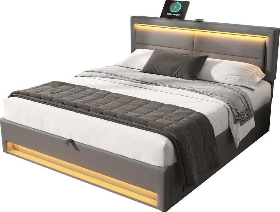 Merax Polsterbett 140 x 200 cm mit USB-Anschluss (unterstützt kabelloses und kabelgebundenes Laden) mit LED-Beleuchtung und Stauraum ohne Matratze PU-Litschi-Muster Grau[OLD SKU:3252978AAG] - Foto 4