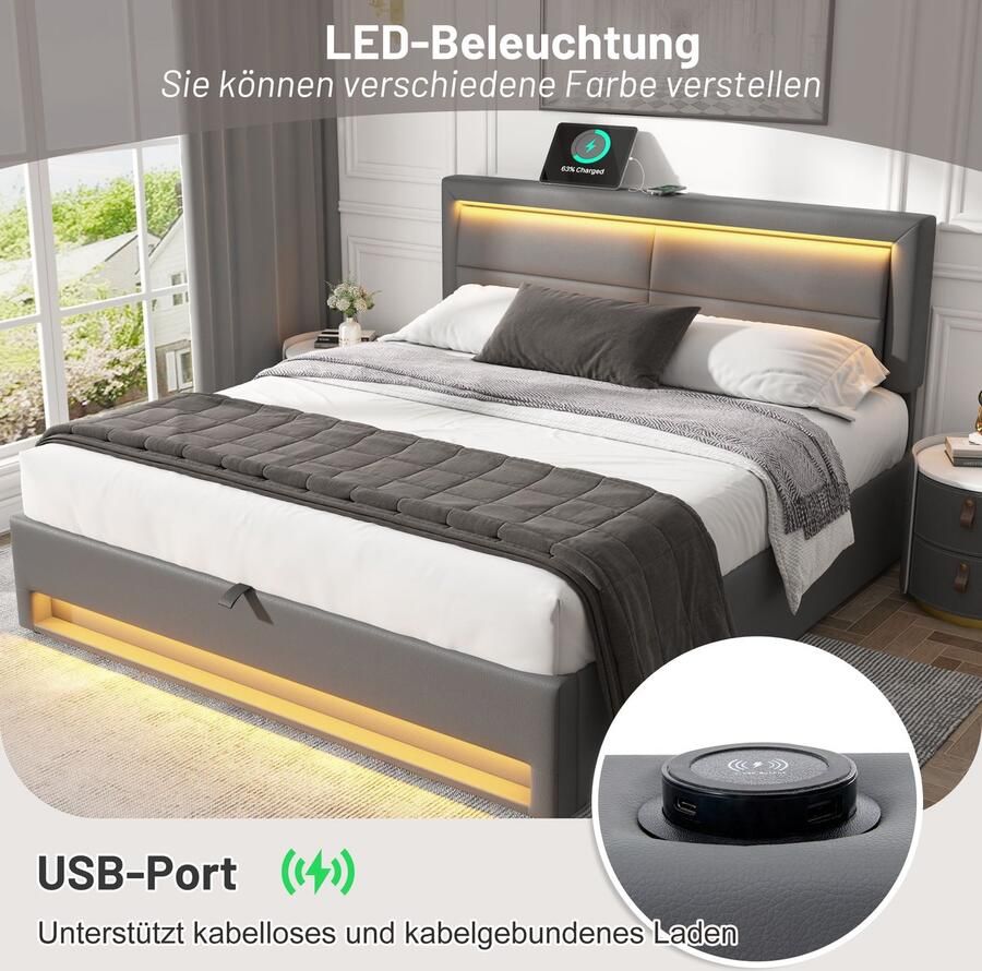 Merax Gestoffeerd bed 160 x 200 cm met USB-poort met LED-verlichting en opbergruimte zonder matras grijs