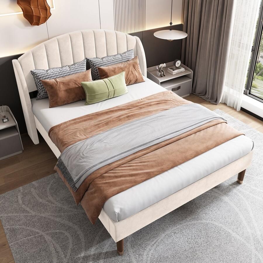 Merax Gestoffeerd bed 160 x 200 cm mit Lattenrost und Kopfteil Jugendbed Tweepersoonsbed Beige