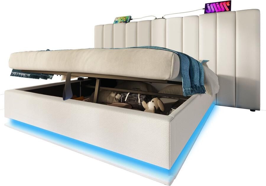 Merax Gestoffeerd Tweepersoonsbed 180x200 cm met App-Control LED USB-C Oplaadfunctie en Lattenbodem – Kunstleer Wit (Zonder Matras en Nachtkastje)