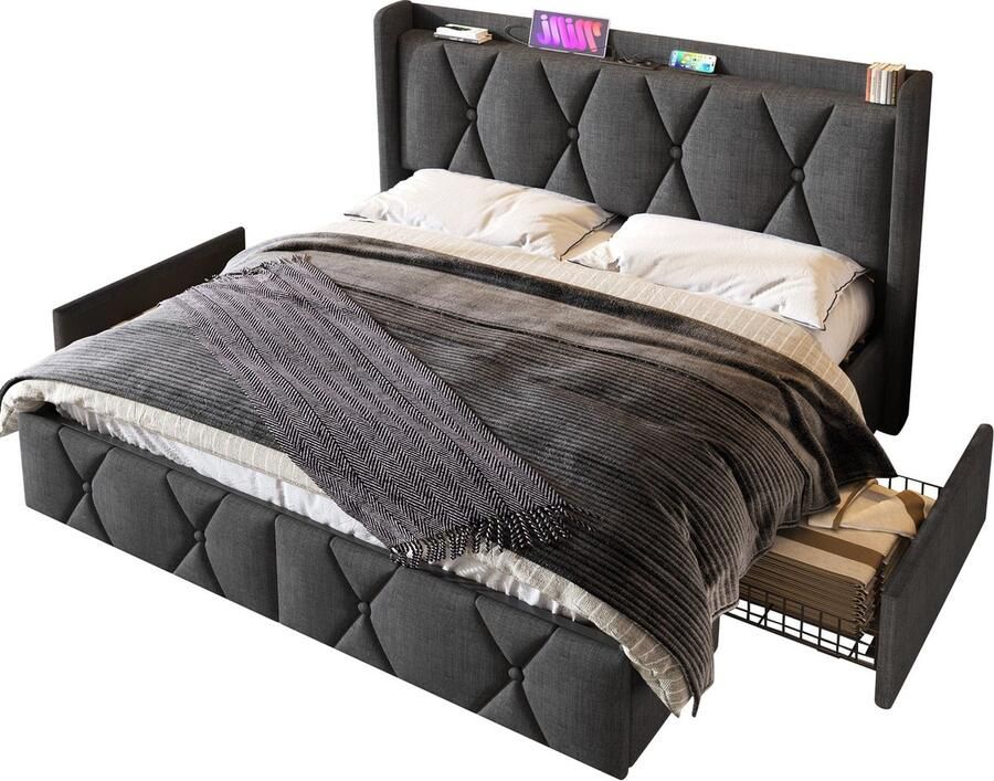 Merax Gestoffeerd Tweepersoonsbed 140x200 cm Inclusief Matras Bed met USB Aansluiting en 4 Lades Houten Bedframe Grijs