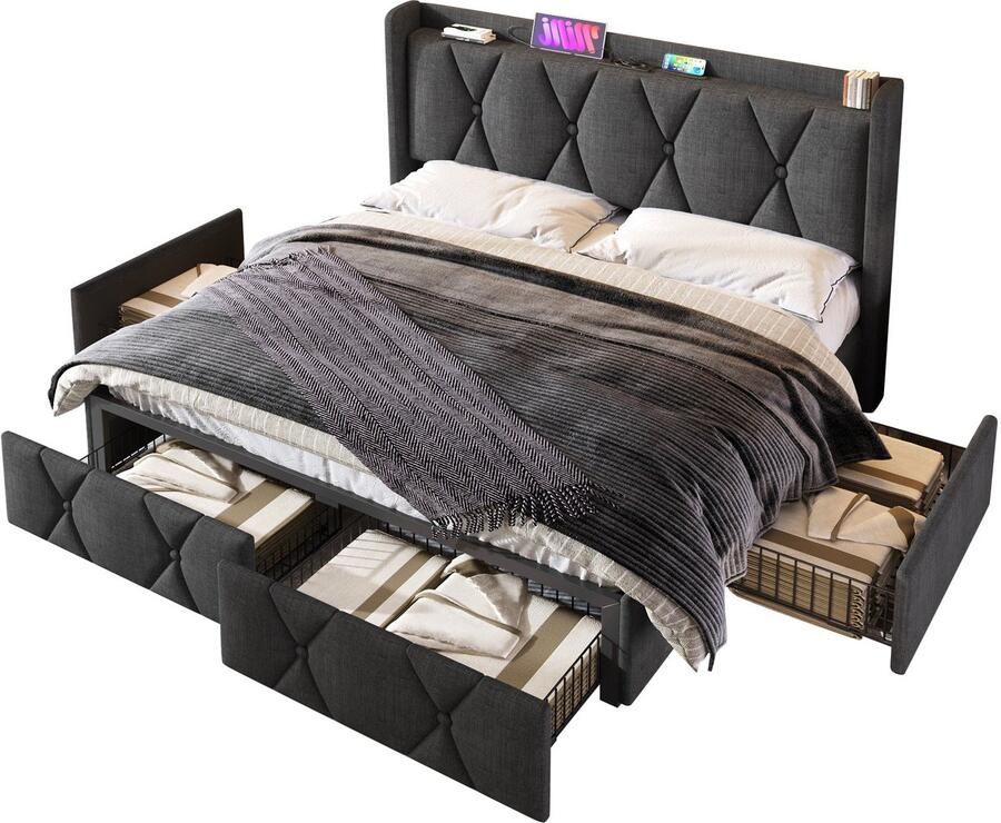 Merax Gestoffeerd Bed 160x200 cm Bed met Lattenbodem USB Oplaadfunctie LED Verlichting en 4 Schubladen Grijs Inclusief Matras