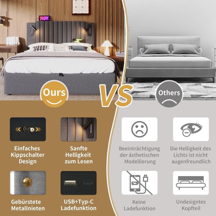 Merax Queensize Tweepersoonsbed 160x200cm met Hydrualische Opbergruimte en Verstelbaar Hoofdbord Gestoffeerd Bed met LED Leeslamp en USB-C Aansluiting Grijs