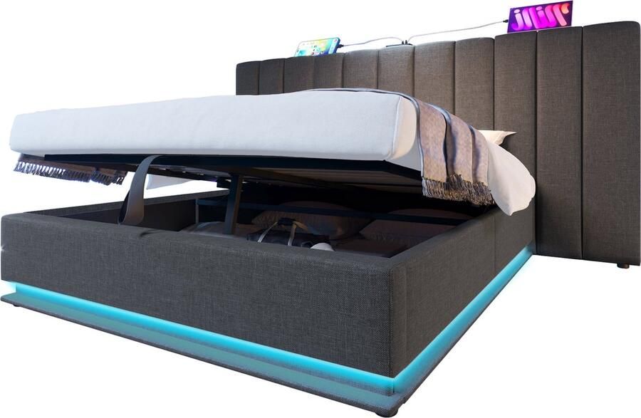Merax Gestoffeerd Bed 160x200 cm – Bed met Opbergruimte LED Verlichting met App Control USB-C Oplaadfunctie Met Lattenbodem Grijs Zonder Matras en Nachttafel