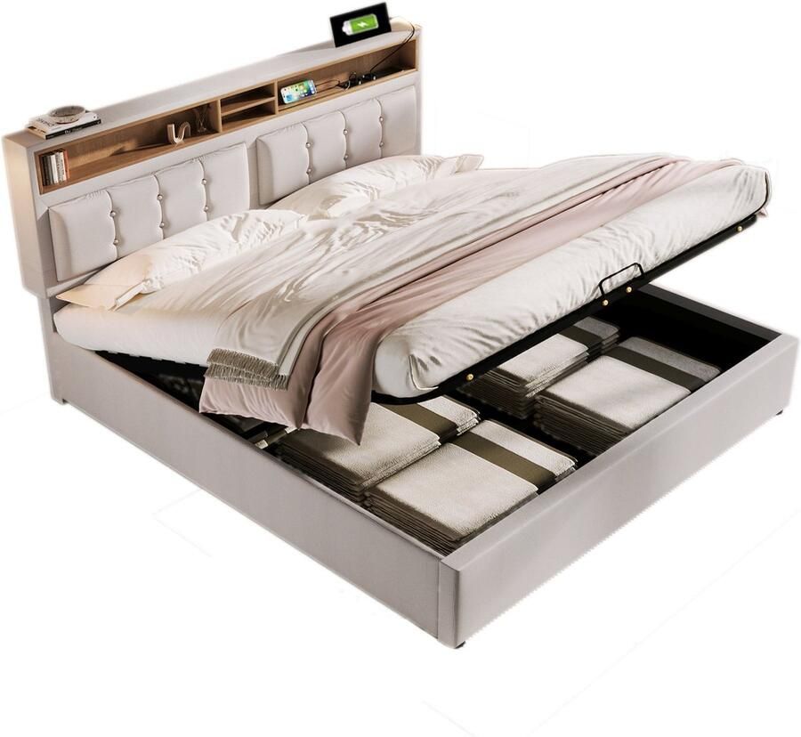 Merax Gestoffeerd Bed met USB Type-C Oplaadfunctie en Opbergruimte 140 x 200 cm Beige Linnen Met Houten Lattenbodem Zonder Matras