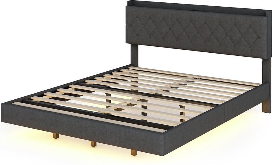 Merax Polsterbett 160*200 cm mit USB-Ladeanschluss und LED-Farbwechsel-Lichtleiste Doppelbett in hautfreundlichem Leinenstoff mit Lattenrost grau - Foto 2