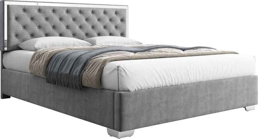 Merax Gestoffeerd Bed 160x200 cm Grijs Hydraulisch Bed met Opbergruimte Luxe Fluwelen Hoofdbord met Knoopdetails en Roestvrijstalen Poten