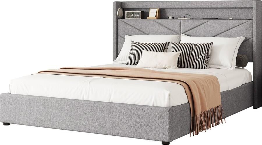 Merax Tweepersoonsbed 160x200 met Hydraulische Opbergruimte en LED-Verlichting – Gestoffeerd Bedframe met USB Aansluiting en Speakers Grijs - Foto 2