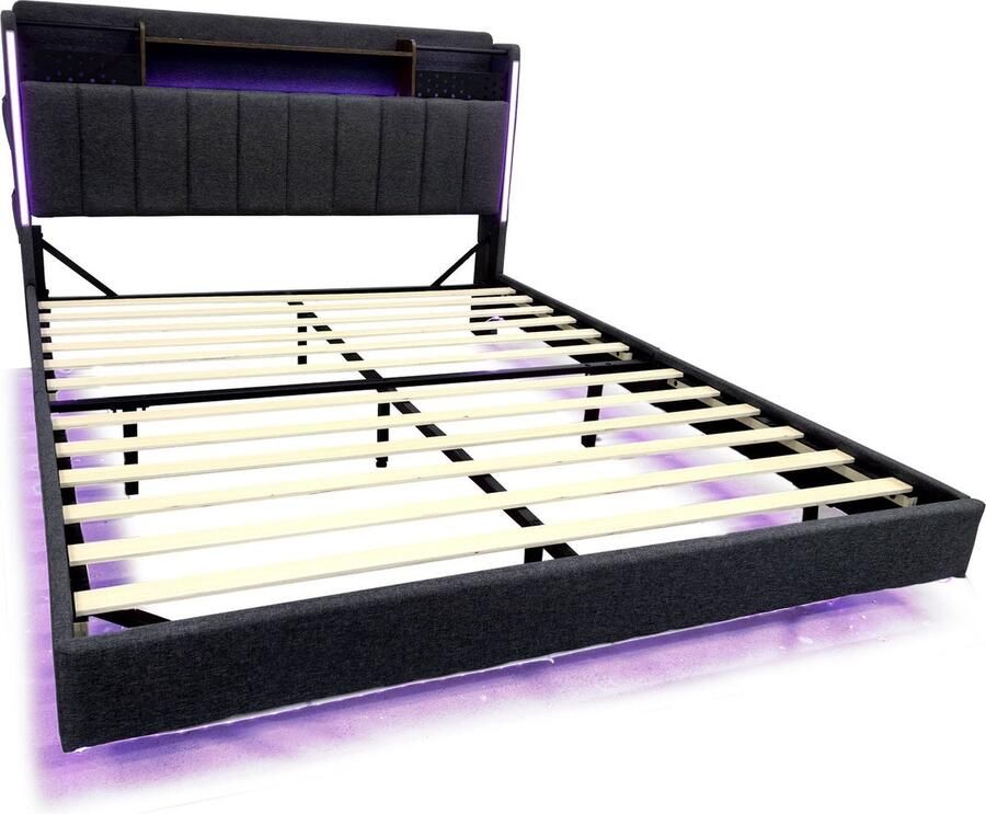 Merax Gestoffeerd Bed 160x200 cm – Grijs Linnen LED Verlichting USB Laadfunctie Opbergruimte in Hoofdbord Modern Schwebend Design